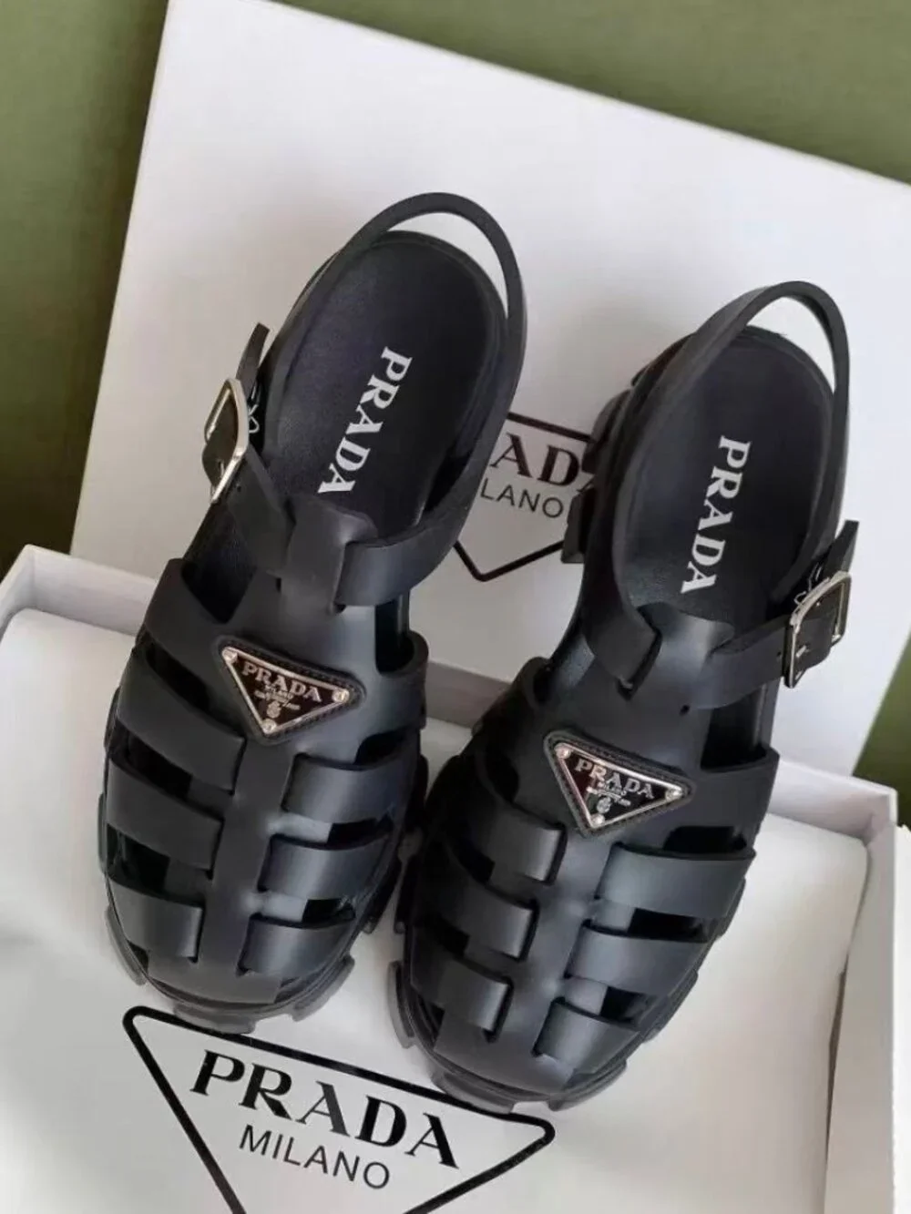 Prada Black Monolith Fisherman Chunky Sandals Triangle Logo